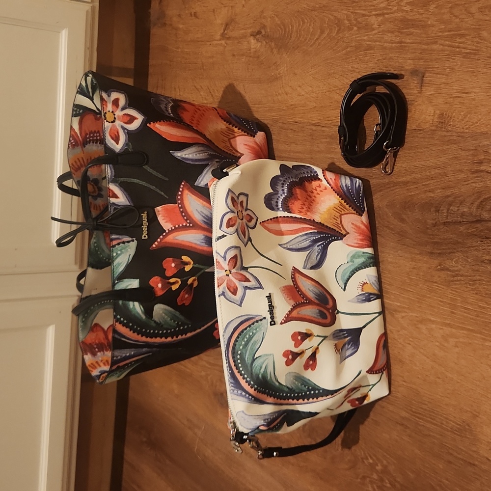 Desigual reversible floral tote with matching crossbody bag.